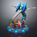 Game Movie Characters Standing On Circular Platform With Blue Silver Mechanical Device Green Energy Core