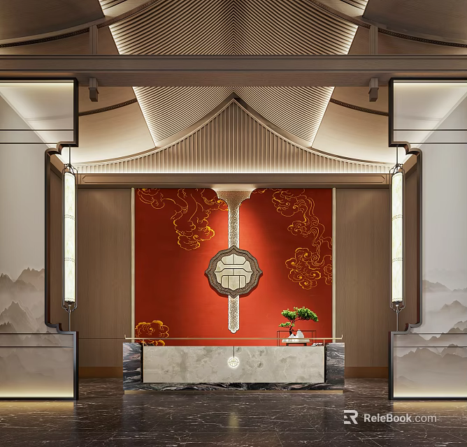 Elegant Hotel Lobby Interior With Red Backdrop Golden Patterns Central Ornament And Marble Reception Desk 3d model 