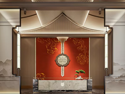 Elegant Hotel Lobby Interior With Red Backdrop Golden Patterns Central Ornament And Marble Reception Desk 3d model
