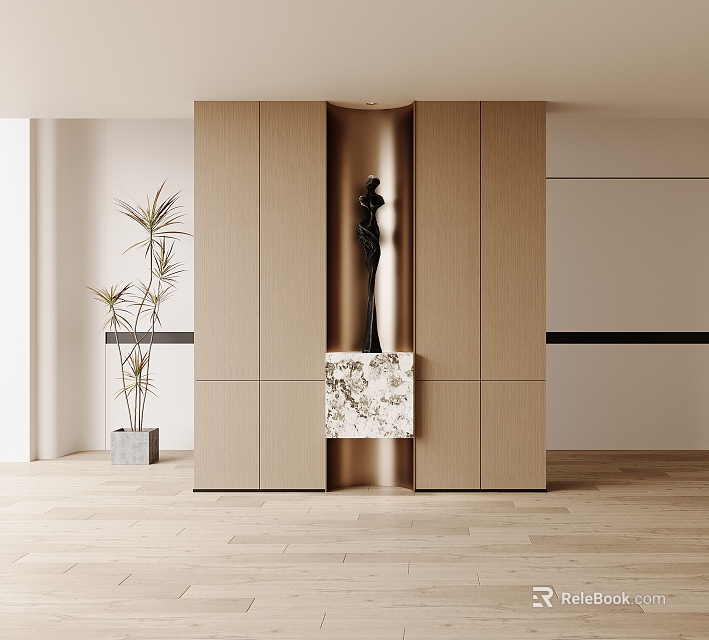 Modern Entryway Hallway With Wooden Cabinets Black Sculpture Decorative Art And Plant 3d model 
