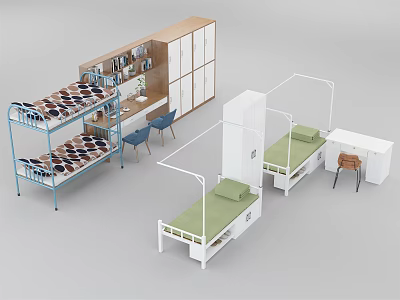 Space Saving Modern Bunk Beds With Study Desk Chair And Storage Cabinets 3d model