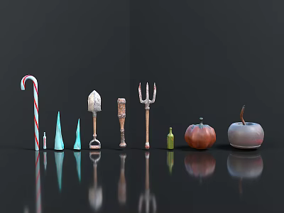 Festive Decorative Objects Including Candy Cane Shovel Fork Green Bottle Pumpkin And Apple 3d model