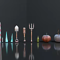 Festive Decorative Objects Including Candy Cane Shovel Fork Green Bottle Pumpkin And Apple