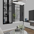 Modern Living and Dining Room Interior With Open Design TV Cabinet Plants and Window Curtains