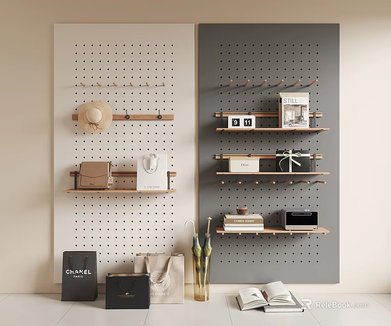 Stylish Pegboard Wall Decor With Shelves And Accessories 3d model 