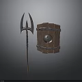 Ancient Combat Weapons Showcasing Trident With Metal Prongs And Wooden Shield With Metal Bands
