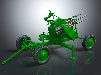 Green Military Artillery Device With Multiple Barrels And Large Wheels On Gray Reflective Surface 3d model