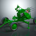 Green Military Artillery Device With Multiple Barrels And Large Wheels On Gray Reflective Surface