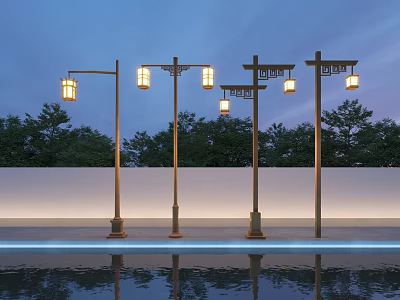 Outdoor Lights on Lamp Posts with Illuminated Lanterns Reflections on Water and Trees at Night 3d model