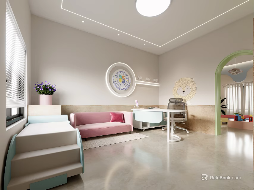 Bright Kindergarten Interior With Pink Sofa And White Desk 3d model
