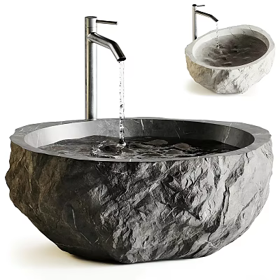 Natural Stone Washbasin With Stainless Steel Faucet And Running Water 3d model