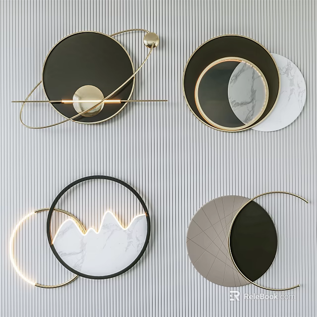 Modern Circular Wall Decorations With Metal Frames Marble Panels And LED Lights 3d model 