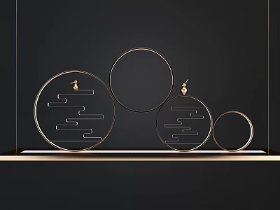 Modern Circular Chandeliers With Golden Frames And Geometric Lines On Black Background 3d model