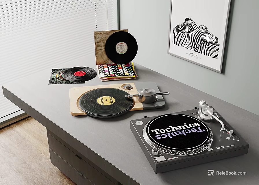 Technics Turntable Audio Setup With Vinyl Records And Zebra Poster On Gray Table 3d model 