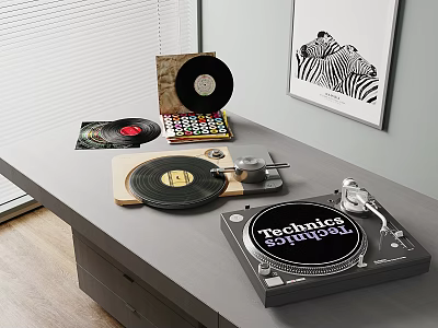 Technics Turntable Audio Setup With Vinyl Records And Zebra Poster On Gray Table 3d model