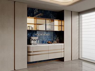 Modern Sideboard With Glass Doors Dark Backsplash And Coffee Machine In Kitchen 3d model