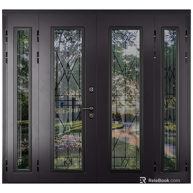 Modern Black Double Entry Door With Glass Panels And Geometric Patterns 3d model 