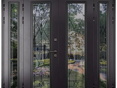 Modern Black Double Entry Door With Glass Panels And Geometric Patterns 3d model