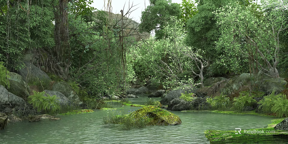 Tranquil Natural Scenery With Forest River Mossy Rocks And Lush Trees 3d model 