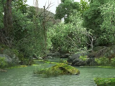 Tranquil Natural Scenery With Forest River Mossy Rocks And Lush Trees 3d model