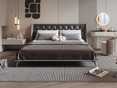 Modern Bedroom Double Bed With Black Tufted Headboard Gray White Pillows And Brown Blanket 3d model