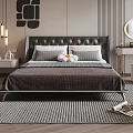 Modern Bedroom Double Bed With Black Tufted Headboard Gray White Pillows And Brown Blanket
