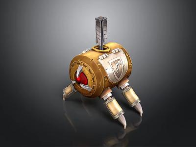 Golden Mechanical Creature Character With Red Eye Clawed Legs And Top Metal Rod 3d model