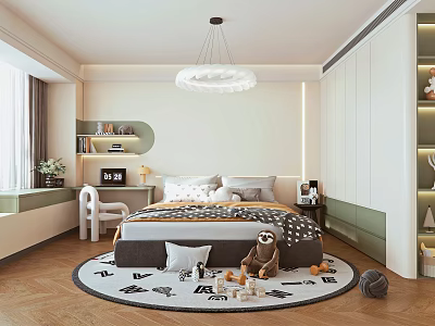 Modern Bedroom Interior With Bed Round Rug Stuffed Toys Desk Chair And Bookshelf 3d model