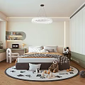 Modern Bedroom Interior With Bed Round Rug Stuffed Toys Desk Chair And Bookshelf