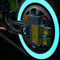 Futuristic Cyberpunk Motorcycle With Neon Wheels Blue Handlebars Yellow Stickers And Copper Exhaust