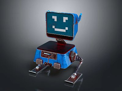 Blue Robot With Square Head Smiley Face On Screen And Metal Stand Wheels 3d model
