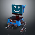 Blue Robot With Square Head Smiley Face On Screen And Metal Stand Wheels