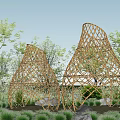 Bamboo Landscape Pavilion With Woven Structure Surrounded by Trees and Grass 3d model