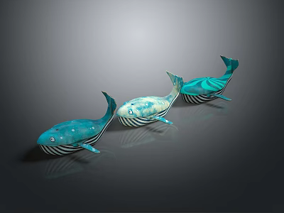 Three Blue And Teal Whales With White Spots On Gray Gradient Background 3d model
