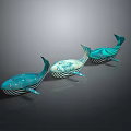 Three Blue And Teal Whales With White Spots On Gray Gradient Background 3d model
