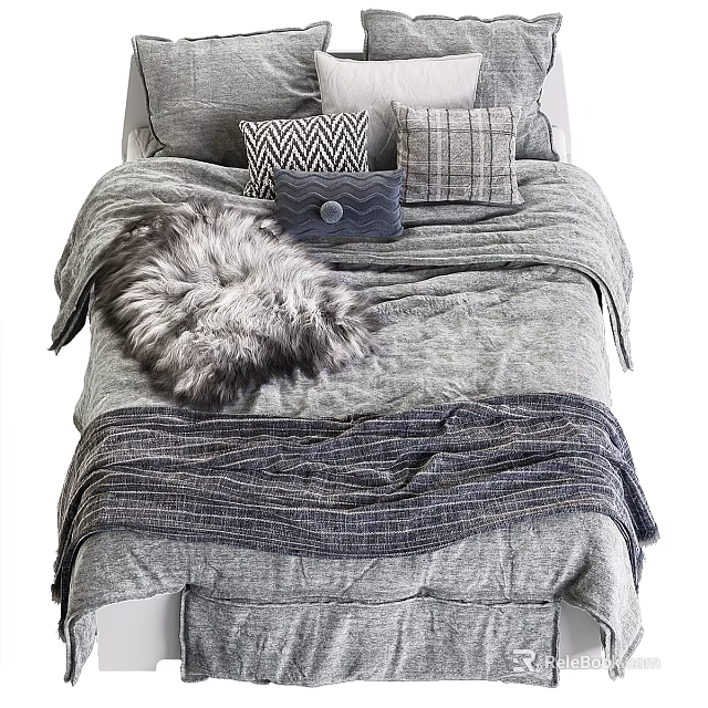 Cozy Double Bed With Gray Bedsheets Fur Blanket And Decorative Pillows 3d model 