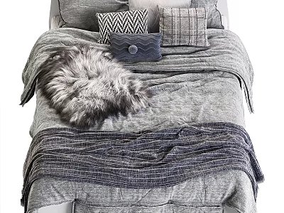 Cozy Double Bed With Gray Bedsheets Fur Blanket And Decorative Pillows 3d model