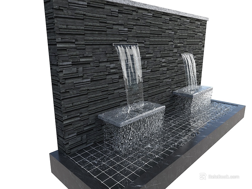 Black Slate Stone Water Feature Wall With Two Flowing Waterfalls And Grid Patterned Base 3d model 