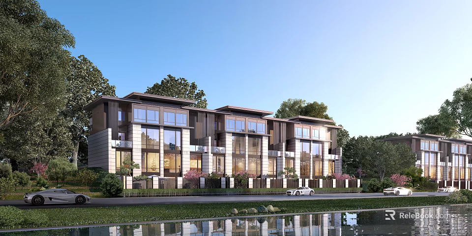 Modern Detached Villa Exterior With Large Glass Windows And Waterfront Tree Surroundings 3d model 