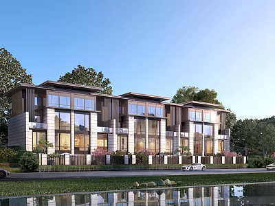 Modern Detached Villa Exterior With Large Glass Windows And Waterfront Tree Surroundings 3d model