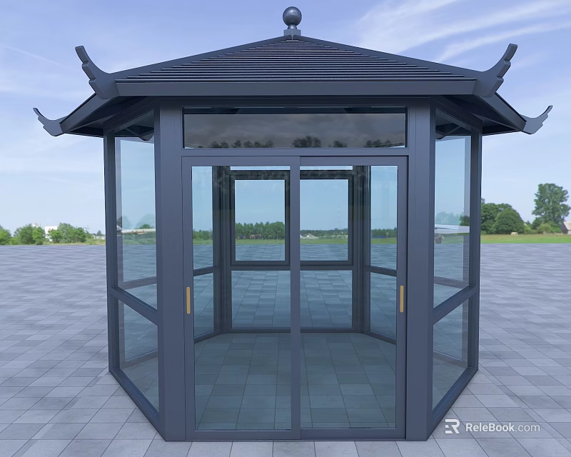 Octagonal Pavilion With Glass Doors Black Frame Chinese Style Roof Open Area Gray Floor Tiles 3d model 