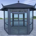 Octagonal Pavilion With Glass Doors Black Frame Chinese Style Roof Open Area Gray Floor Tiles
