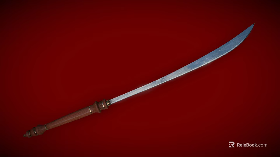 Traditional Long Sword With Silver Curved Blade And Brown Wooden Handle On Red Background 3d model 