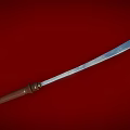 Traditional Long Sword With Silver Curved Blade And Brown Wooden Handle On Red Background