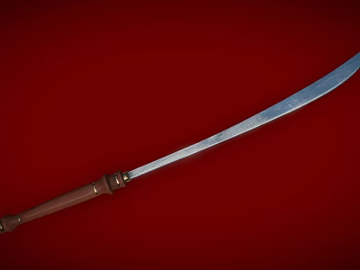 Traditional Long Sword With Silver Curved Blade And Brown Wooden Handle On Red Background 3d model