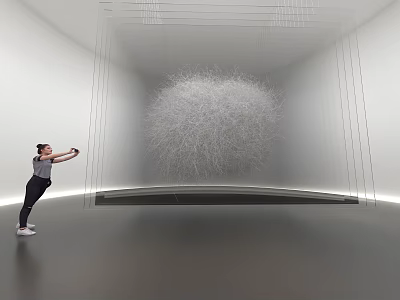 Person Interacting With Cloud Like Art Installation With Transparent Lines In White Gallery 3d model