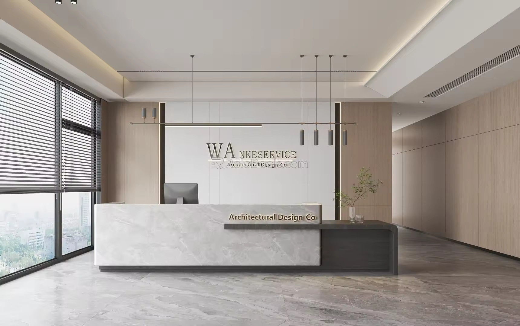 Company front desk front desk reception area front desk background wall computer chandelier 3d model