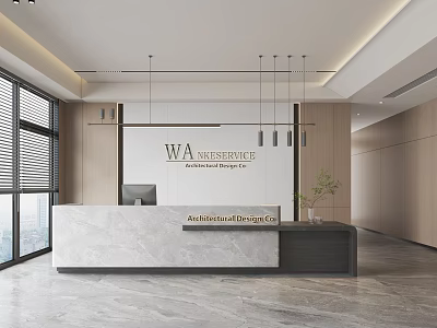 Modern Elegant Reception Desk Interior Design With Marble Counter Company Logo And Sleek Lighting 3d model