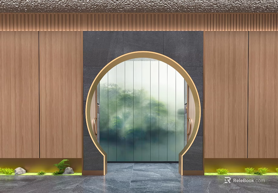 Circular Archway With Golden Frame Misty Landscape And Wooden Panels 3d model 