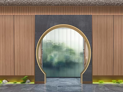 Circular Archway With Golden Frame Misty Landscape And Wooden Panels 3d model